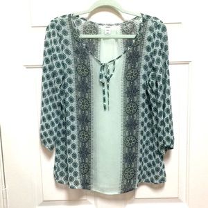 Old Navy Boho Teal & Blue Sheer Peasant Blouse with 3/4 Length Sleeves Size M